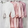 CHINEE Women's Matte Satin Kimono Wedding Robe for Bride and Bridesmaid With Lace Trim