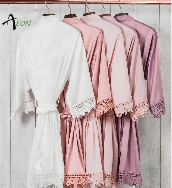 CHINEE Women's Matte Satin Kimono Wedding Robe for Bride and Bridesmaid With Lace Trim