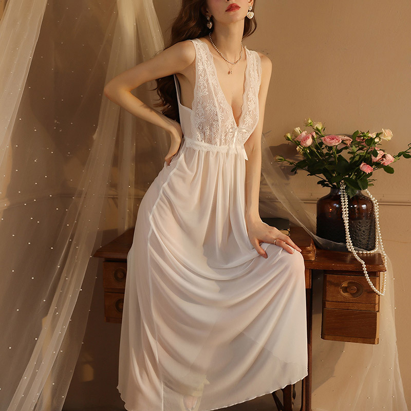 CHINEE Women's Mesh Lace Wide Suspender Long Summer Nightdress Pajamas Loungewear Sleepwear Soft ODM