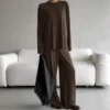 CHINEE Women's Modal Loungewear Set Loose Fit 2 Piece Pajamas Dark Brown Soft Wide Leg Pants Home Suit