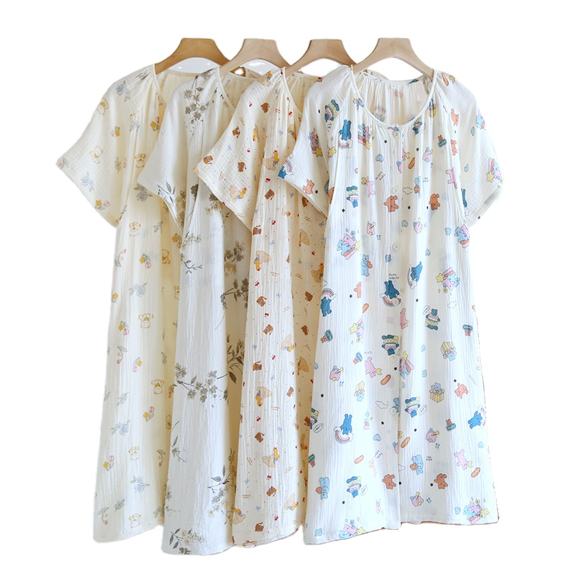 CHINEE Women's Muslin Cotton Nightdress Breezy Short Sleeve Homewear for Summer Maternity Nightgowns Casual Night Dress