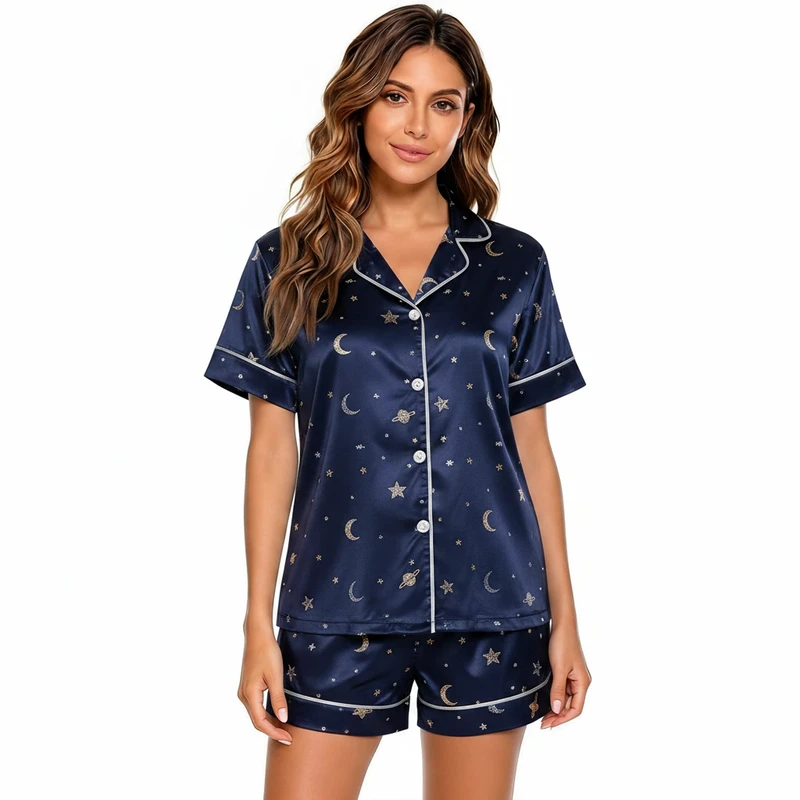 CHINEE Women's Navy Satin Pajama Set Short Sleeve Button Front Printed Stars Moon Pattern Elegant Sleepwear Summer Shorts