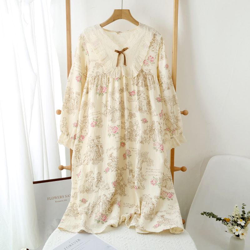 CHINEE Women's Nightdress All Cotton Gauze Crepe Spring Summer Long Sleeve Homewear Soft Loose Sleepwear Thin Outerwear