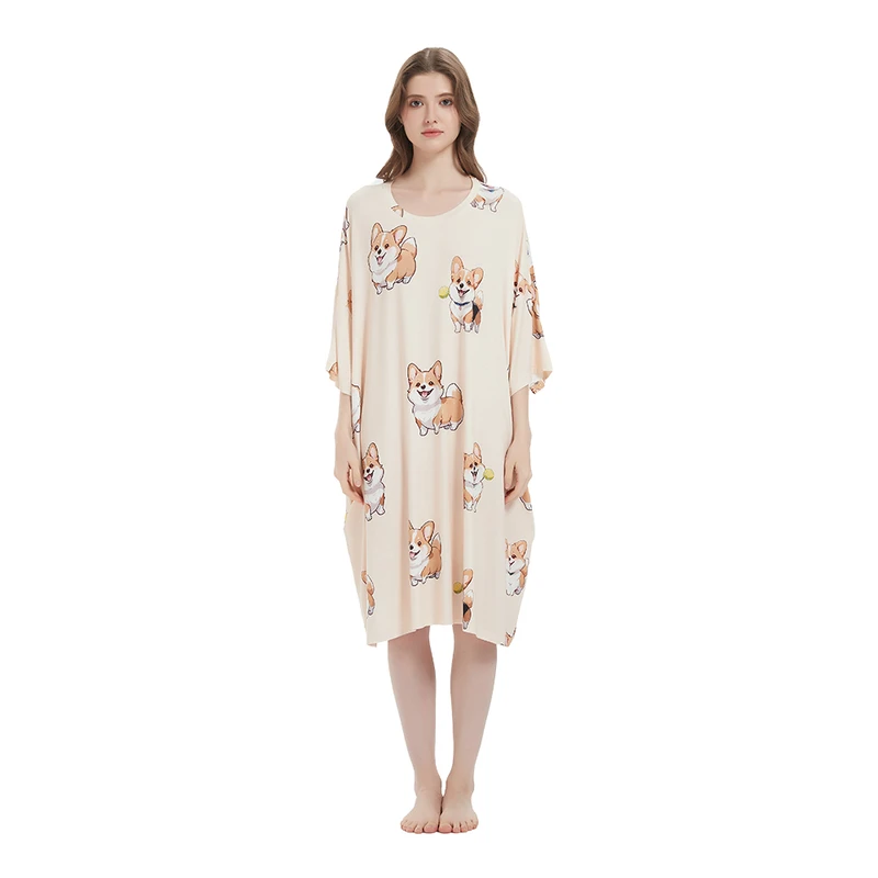 CHINEE Cozy Custom Women's Nightdress Cool Plus Size Modal Short Sleeve Sleep Dress with Pockets Soft Knitted Nightshirts