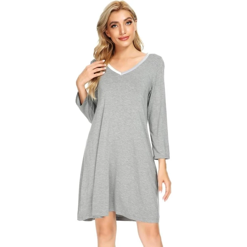 CHINEE Women's Nightdress Set Custom Women's Soft Long Sleeve Nightgown Sleep Dress Casual Knitted Bamboo Cotton Blend Pj Dress