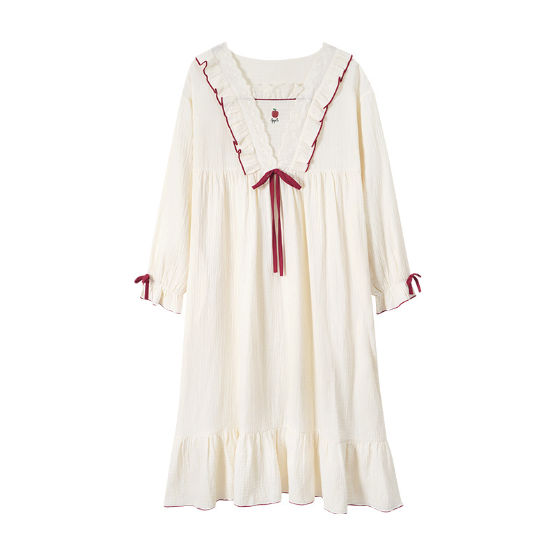 CHINEE Women's Nightgown Breathable Solid Casual Nightdress Spring Autumn Cotton Long Sleeve Pajamas Dress Sweet Princess Style