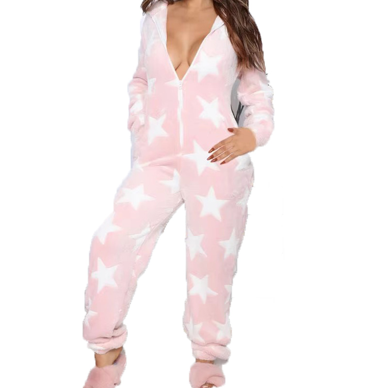 CHINEE Womens One Piece Onesie Loungewear Zip Front Hooded Flannel Sleepwear Pajama Onesie Flannel Zipper Onesie Pajamas Jumpsuit