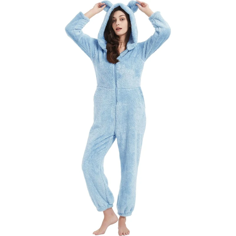 CHINEE Womens Onesie Pajamas Hooded Fleece One Piece Sleepwear Soft Cozy Winter Jumpsuit Long Sleeve