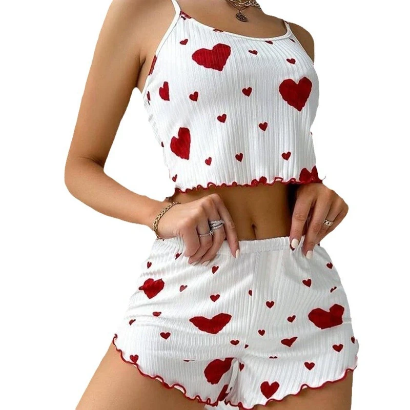 CHINEE Women's Oversized Heart Print Camisole Shorts, Large Size, Home Sleep Casual Wear, Pregnant Women Adults
