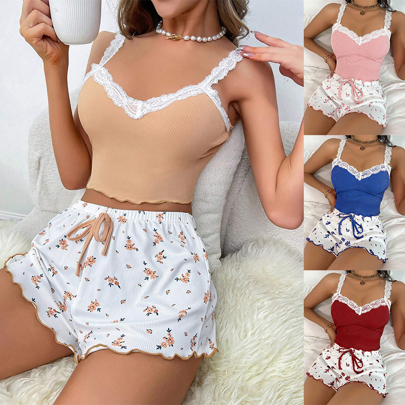 CHINEE Women's Pajamas Set Lace Trim Spaghetti Strap Camisole and Shorts Summer Sleepwear for Vacation