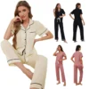 CHINEE Women's Pajamas Set Short Sleeved Trousers Spring Soft Sleepwear Solid Color Lapel Cardigan Home Wear Casual Ladies Nightwear
