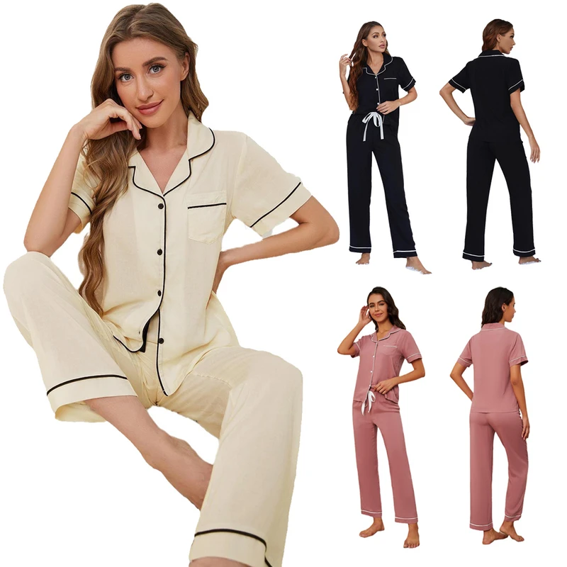 CHINEE Women's Pajamas Set Short Sleeved Trousers Spring Soft Sleepwear Solid Color Lapel Cardigan Home Wear Casual Ladies Nightwear