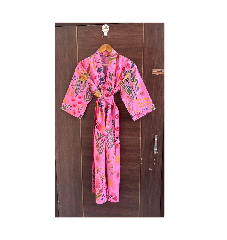 CHINEE Women's Pink Animal Print Cotton Kimono Robe with Drawstring Closure