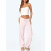 CHINEE Women's Pink Pajama Pants Casual Loose Elastic Waist Wide Leg Drawstring Trousers with Pockets Sleepwear Size S