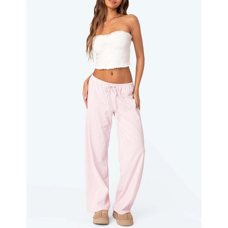 CHINEE Women's Pink Pajama Pants Casual Loose Elastic Waist Wide Leg Drawstring Trousers with Pockets Sleepwear Size S