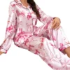 CHINEE Women's Pink Solid Satin Breathable Quick Dry Soft Pajama Set Long Sleeve Button Fly Closure Silky 100% Cotton 300g