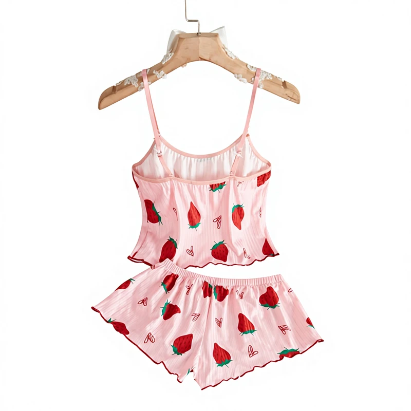 CHINEE Women's Pink Strawberry & Heart Print Milk Silk Camisole Pajama Set 90% Polyester 10% Spandex Skin Friendly Sleepwear
