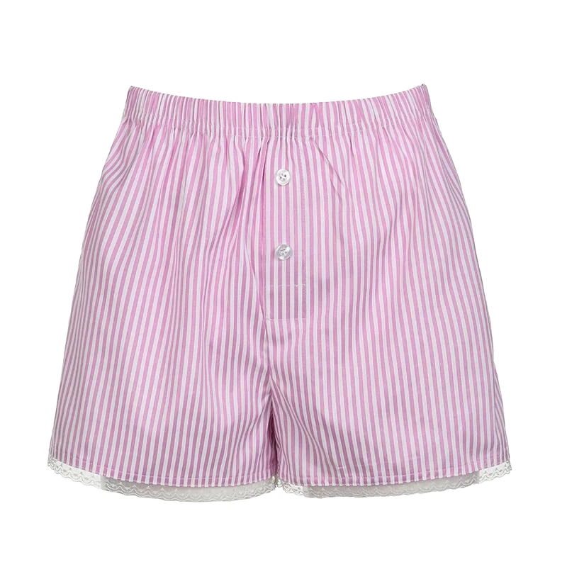 CHINEE Women's Pink White Plaid High Elastic Waist Sporty Sleep Shorts Lace Trim with Button Detail Hot Colored Wash