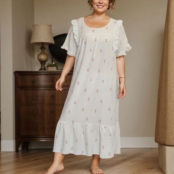 CHINEE Women's Plus Size Casual Floral Robe Summer Fall Woven Nightdress with Elastic Waist Smooth Ruffle Sleepwear Soft Breathable