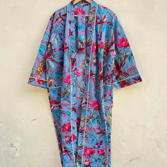 CHINEE Women's Plus Size Cotton Kimono Robe with Bird Print Three Quarter Sleeve Dressing Gown Sexy Beach Cover Up Lounge Wear Pajamas