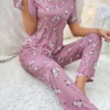 CHINEE Women's Plus Size Floral Print Loungewear Set Short Sleeve Top & Long Pants