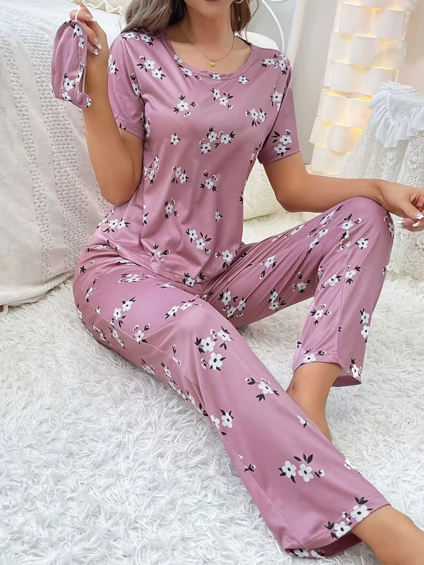 CHINEE Women's Plus Size Floral Print Loungewear Set Short Sleeve Top & Long Pants