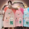 CHINEE Women's Plus Size Short Sleeve O Neck Knitted T Shirt Sleep Dress Breathable Korean Home Wear Mickey Cartoons Cool Milk Summer