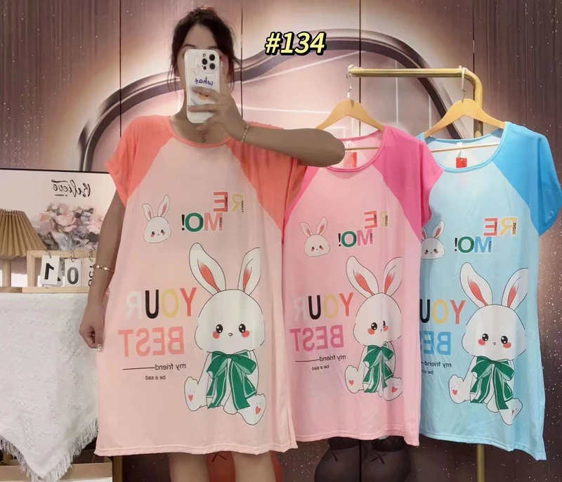 CHINEE Women's Plus Size Short Sleeve O Neck Knitted T Shirt Sleep Dress Breathable Korean Home Wear Mickey Cartoons Cool Milk Summer