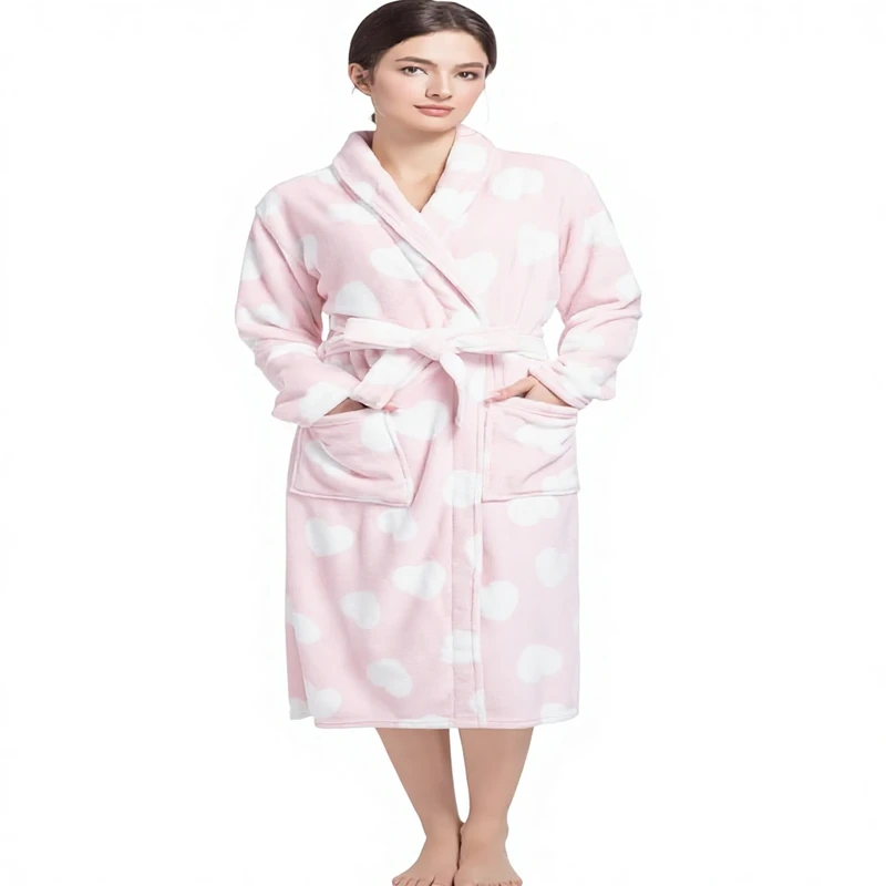 CHINEE Womens Plush Full Length Soft Bathrobe Premium Fleece Robe Super Cozy Cute Quick Dry Heart Pattern Machine Washable