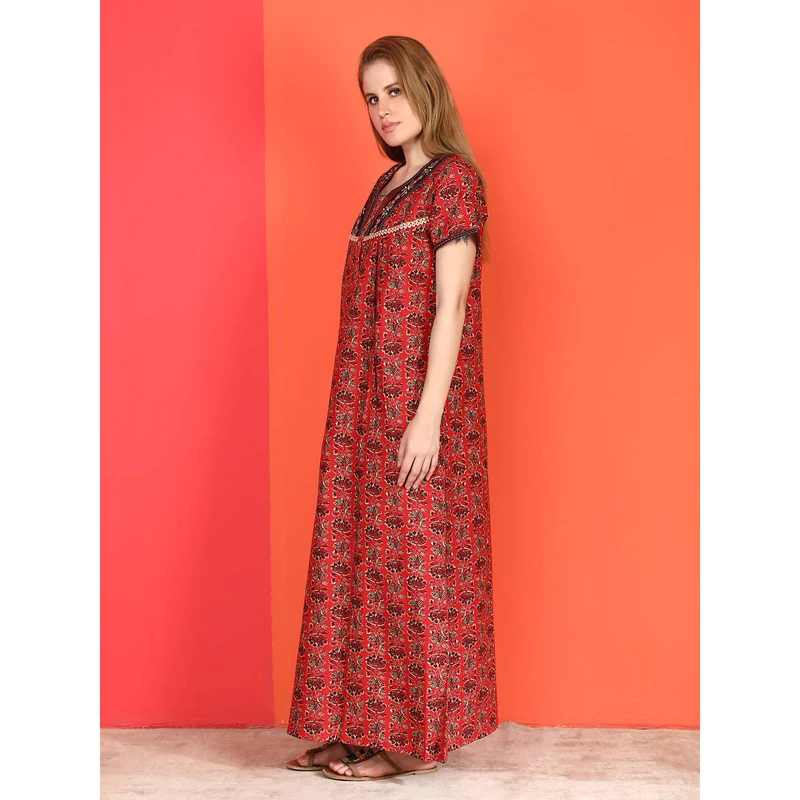CHINEE Women's Printed Cotton Nighty Maxi Short Sleeves Full Length Sleep Robe with Side Pocket Free Size Soft Woven Fabric
