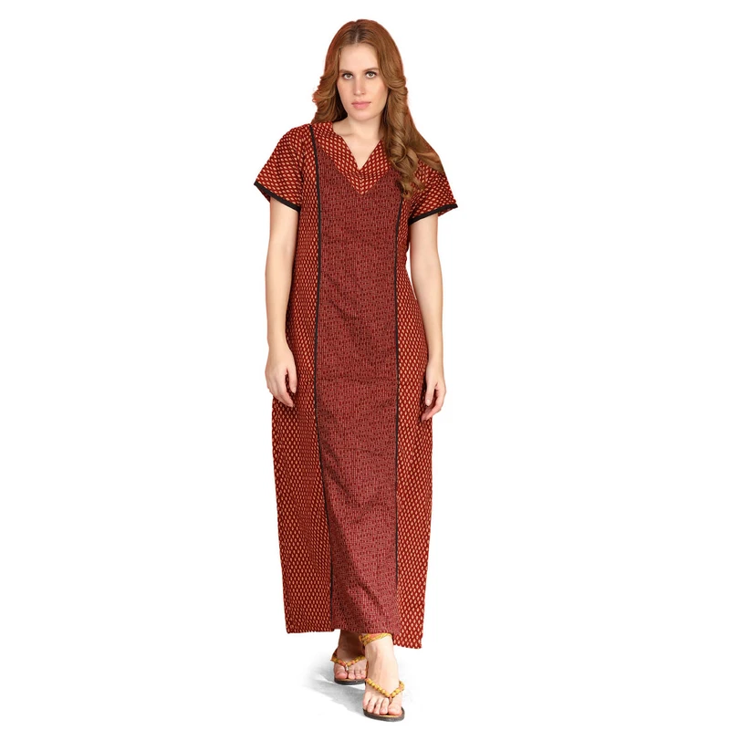 CHINEE Women's Printed Cotton Nighty Maxi Short Sleeves Full Length Sleep Robe with Side Pocket Free Size Soft Woven Fabric