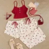 CHINEE Women's Printed Tank Top Sleepwear Three Piece Set Tank Top Printed Shorts Sleepwear Set
