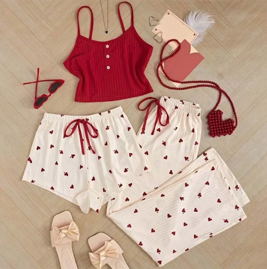 CHINEE Women's Printed Tank Top Sleepwear Three Piece Set Tank Top Printed Shorts Sleepwear Set