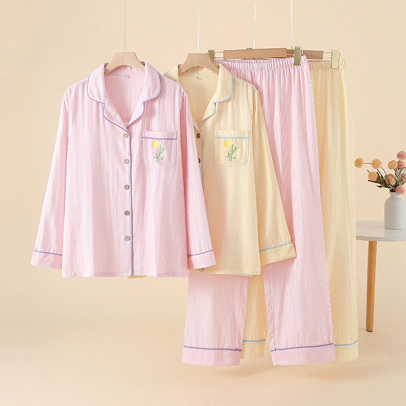 CHINEE Women's Pure Cotton Double Layer Gauze Pajamas Long Sleeve Homewear Set Elastic Waist For Spring Autumn
