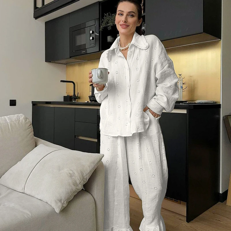CHINEE Womens Pure Cotton Embroidered Pajama Set Long Sleeve Two Piece Breathable Soft Comfortable Summer Loungewear Home Sleepwear