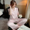 CHINEE Women's Pyjama Two piece Set Ice Silk Sleepwear Silk Cool Nightwear Ladies Lace Lapel Loungewear Short sleeved Long pant Pajamas