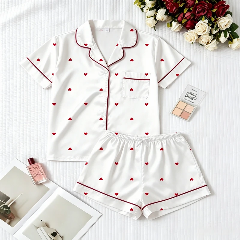 CHINEE Women's Red Heart Print Pajama Shorts Smooth Satin Summer