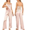 CHINEE Women's Satin 100% Cotton Lace Trim Front Logo Customizable Two Piece Pajama Set Camisole & Wide Leg Pants Winter Nightwear