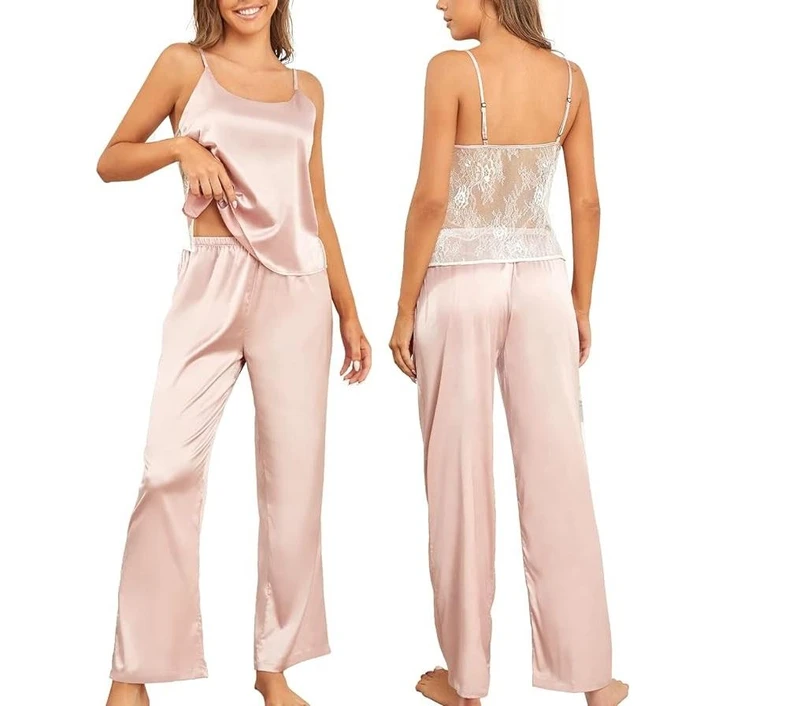 CHINEE Women's Satin 100% Cotton Lace Trim Front Logo Customizable Two Piece Pajama Set Camisole & Wide Leg Pants Winter Nightwear