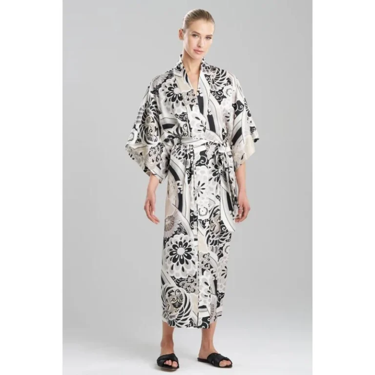 CHINEE Womens Satin Kimono Robe With Black White Floral Prinz Mid Length Belted Luxury Loungewear Nightwear