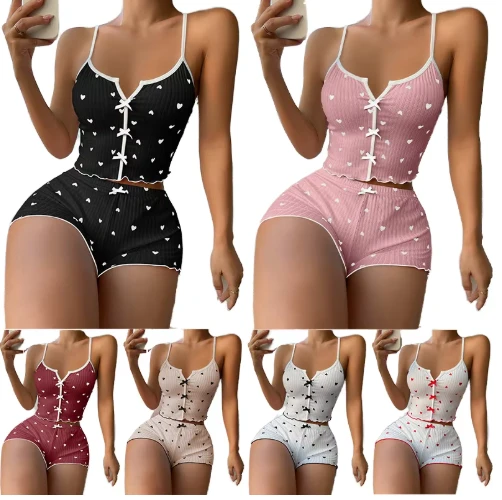 CHINEE-Womens-Satin-Knitted-Sleepwear-Set-Heart-Shape-Printed-Camisole-Pajama-with-Split-Front-Home-Clothes