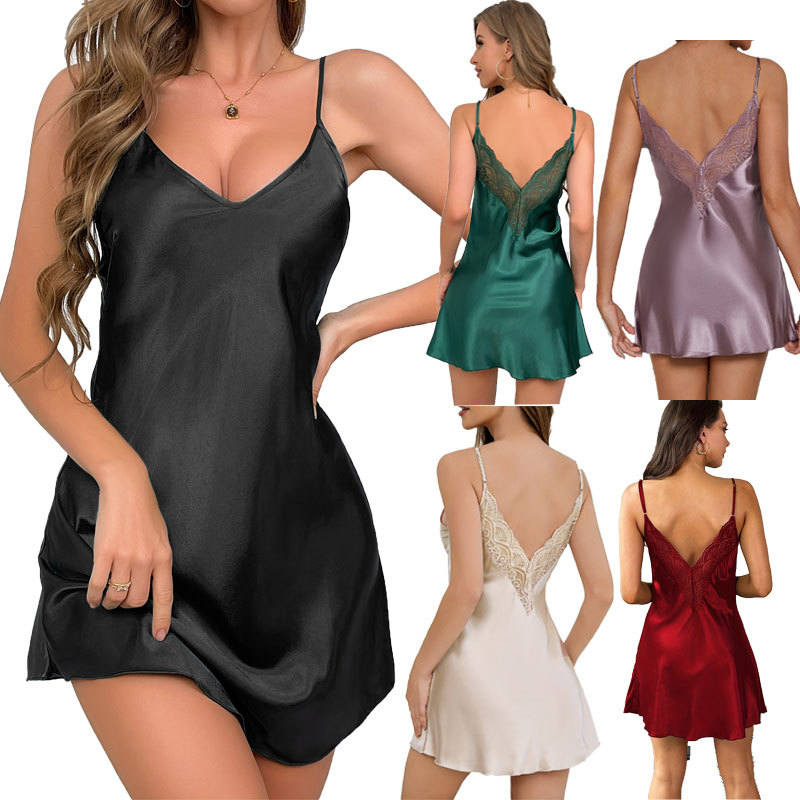 CHINEE Women's Satin Lace Camisole Nightdress Sexy Summer Sleepwear Home Dress Ladies Lingerie