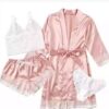 CHINEE Women's Satin Nightie Robe 4 Pieces Pajamas Erotic Lingerie Set Kimono Silk Sleepwear Set