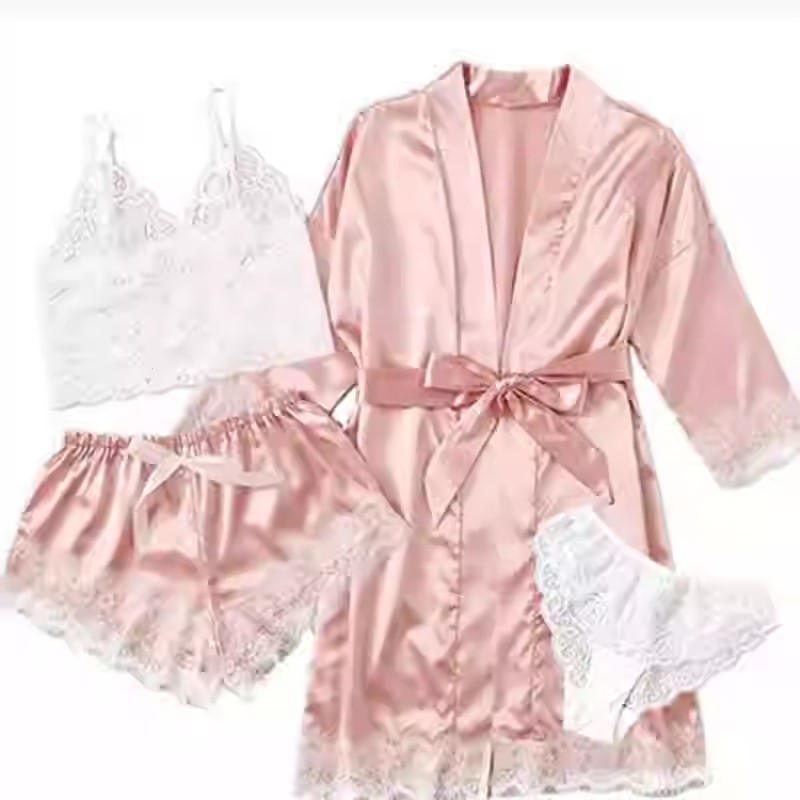 CHINEE Women's Satin Nightie Robe 4 Pieces Pajamas Erotic Lingerie Set Kimono Silk Sleepwear Set