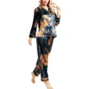 CHINEE Women's Satin Pajama Set Long Sleeve Geometric Print Mandarin Collar Elegant Sleepwear 100% Silk Full Length Pants