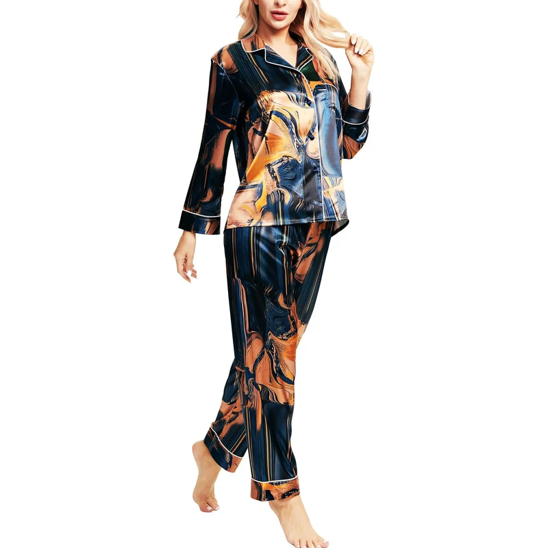 CHINEE Women's Satin Pajama Set Long Sleeve Geometric Print Mandarin Collar Elegant Sleepwear 100% Silk Full Length Pants