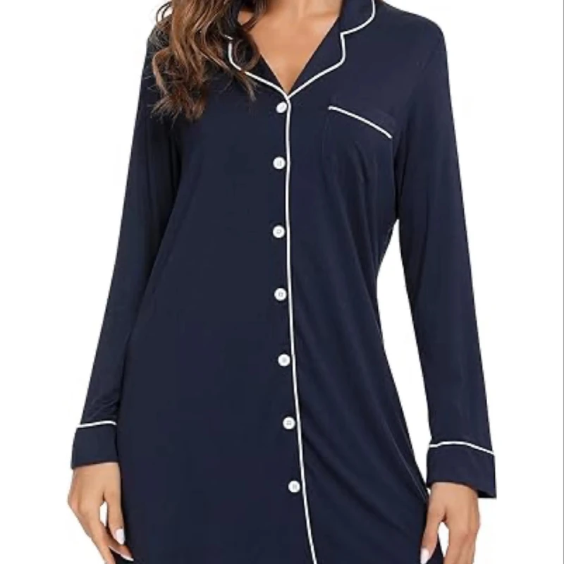 CHINEE Women's Satin Sleepshirt Button Down Nightgown with Long Sleeves Knee Length Pajama Dress Sizes S XXL