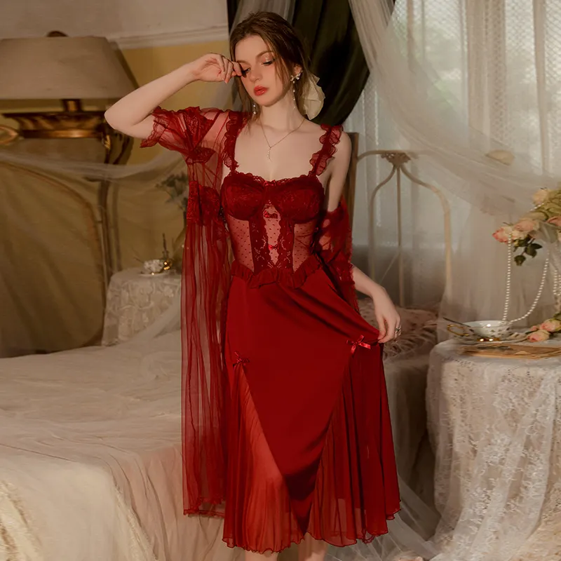 CHINEE Women's Satin Sleepwear Lace Sexy Nightdress Long Nightwear With Push up Breast Pad