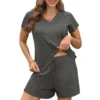 CHINEE Women's Sets 100% Cotton Lounge Wear Ladies Short Sleeve Shorts Set Sleepwear Oversized Matching Grey Pajama 2 Piece Set Women
