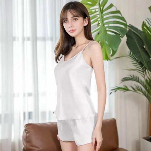 CHINEE Women's Sexy 100% Silk Satin Suspender Shorts Pajama Two Piece Suit Elastic Waist Closure Breathable Front Garment Dyed Spring